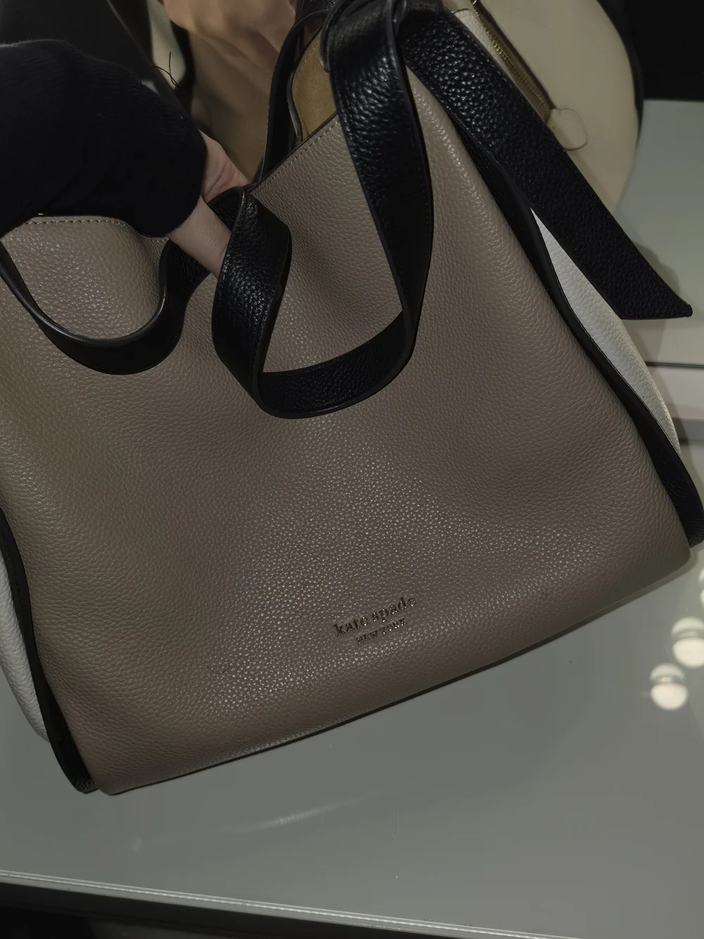 kate spade Taupe, Black and White Pebbled Leather Tote